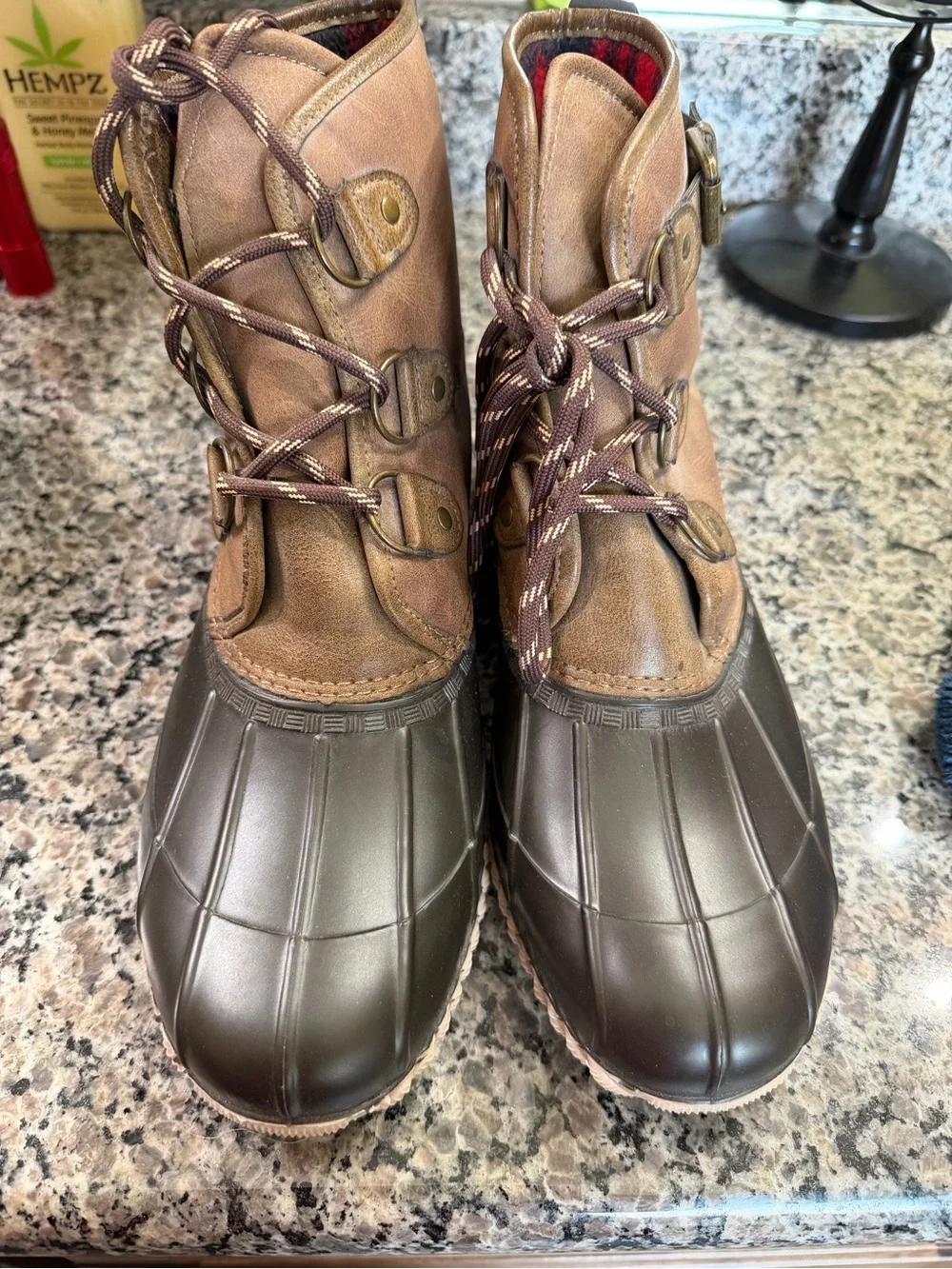 Men's Brown Waterproof Duck Boots - Plaid Lined
